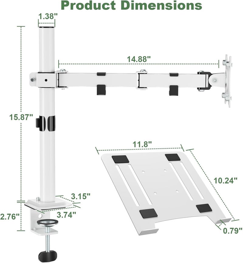 UPGRAVITY White Laptop Desk Mount with Vented Tray for Notebook up to 17 inch, Fully Adjustable Single Laptop Arm Stand Holds up to 17.6 lbs, Clamp on/Grommet Mounting - Image 3